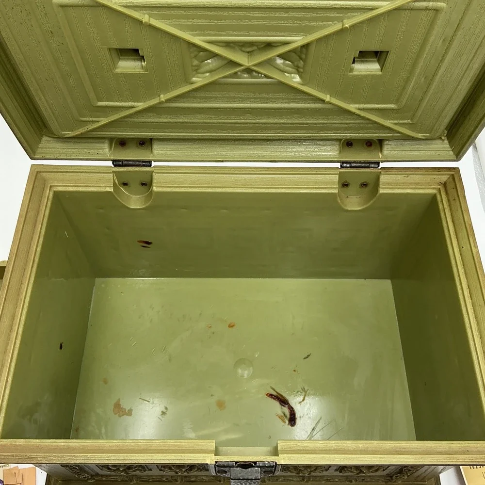 Vintage 60s Max Klein Avocado Green Green Plastic Sewing Box Faux Wood + STUFF!
